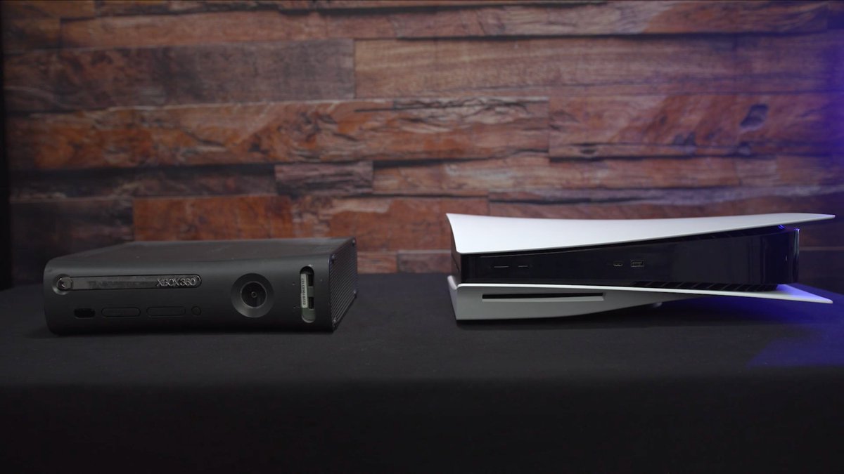The PS5 next to the Xbox 360.  https://www.ign.com/articles/ps5-heres-what-the-console-looks-like-up-close
