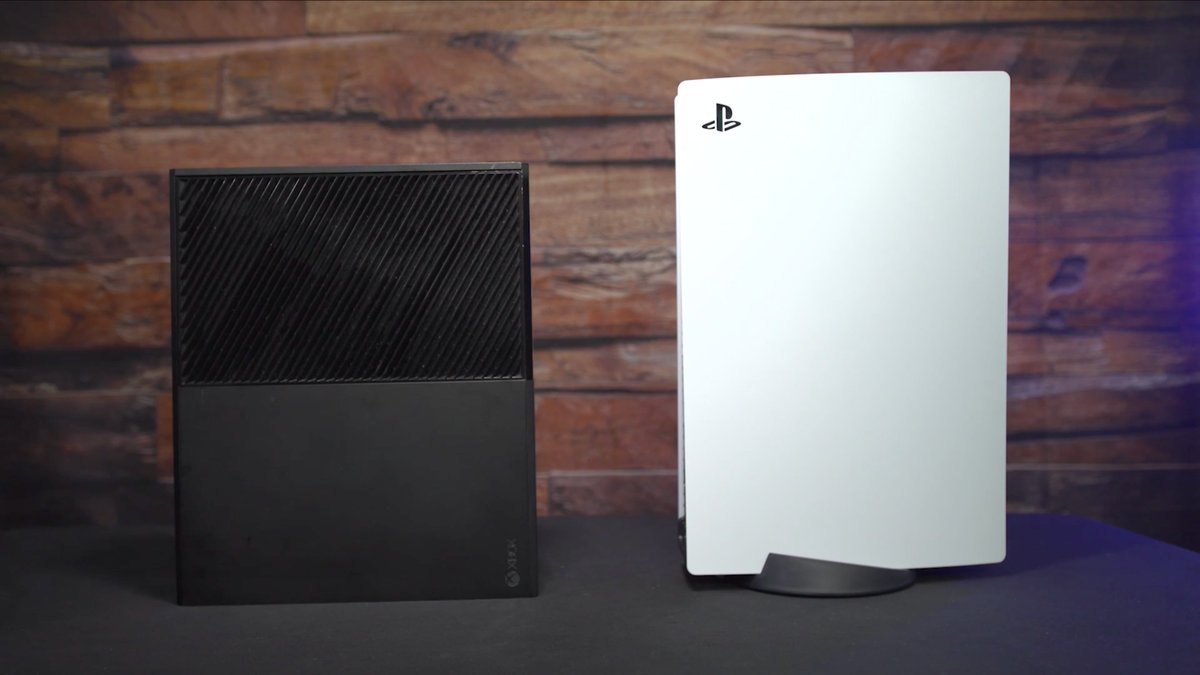 The PS5 next to the Xbox One.  https://www.ign.com/articles/ps5-heres-what-the-console-looks-like-up-close