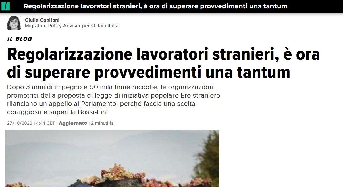 OxfamItalia's tweet photo. "#Regolarizzazione lavoratori stranieri, è ora di superare provvedimenti una tantum" - Appello al #Parlamento delle organizzazioni promotrici della proposta di legge @Ero_Straniero - Ne scrive la nostra Giulia Capitani su @HuffPostItalia https://t.co/D754GYuw0E https://t.co/5LFXP5oLwH