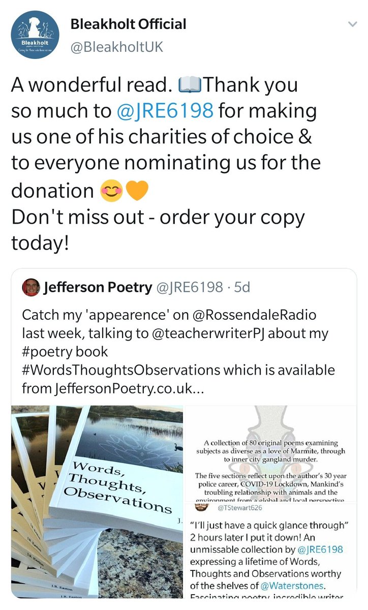 RichardEaston's tweet photo. Keith has ordered a copy of my #poetry book #WordsThoughtsObservations
His nominated #Charity is #BleakholtAnimalSanctuary
8 other worthy causes benefit from the sale of each copy.
Full details are available at https://t.co/3fHICzuQfD
Thanks to Keith for supporting @BleakholtUK https://t.co/vpkNIMe5Rb