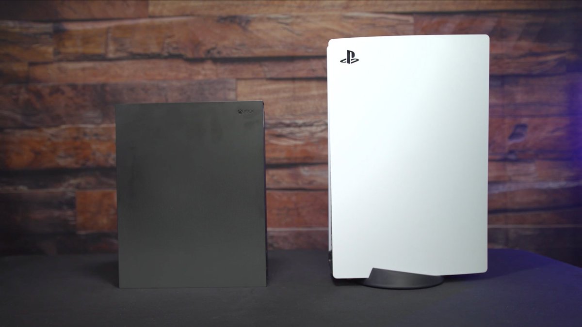 The PS5 next to the Xbox One X.  https://www.ign.com/articles/ps5-heres-what-the-console-looks-like-up-close