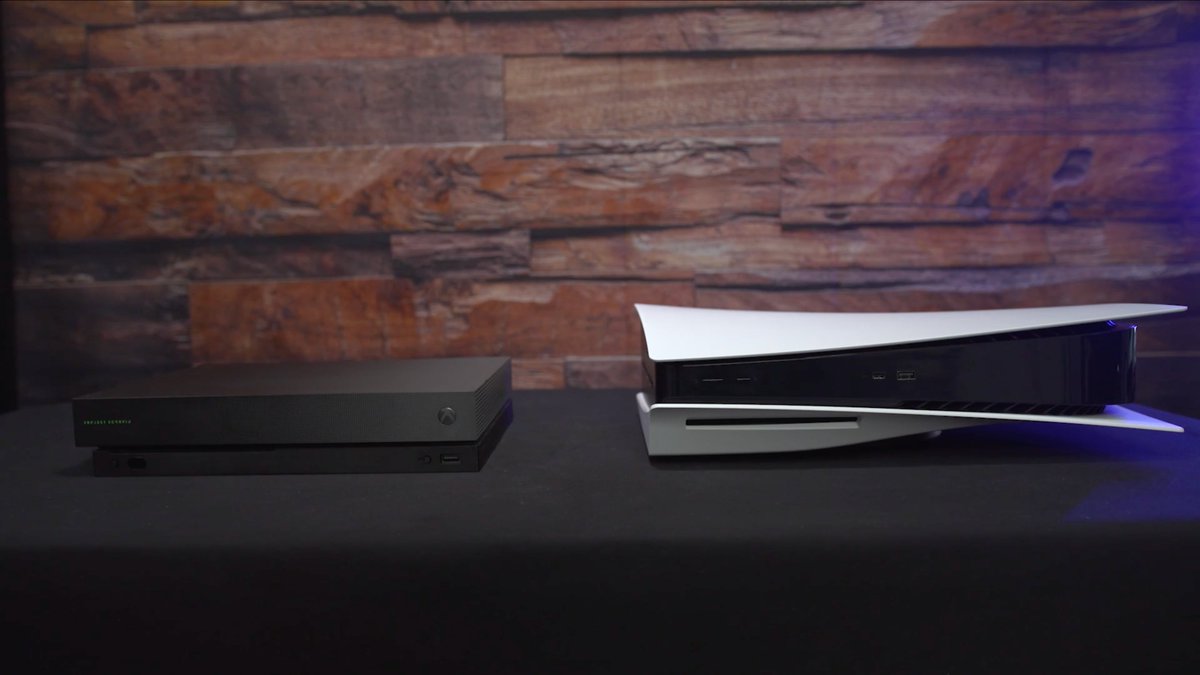 The PS5 next to the Xbox One X.  https://www.ign.com/articles/ps5-heres-what-the-console-looks-like-up-close