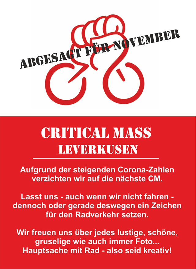 criticalmasslev's tweet photo. Aufgrund der aktuellen Entwicklungen halten wir eine Einladung zur CM für unverantwortbar.
Das soll euch aber nicht abhalten, alleine zu fahren ;) https://t.co/CzM1rYFDV5