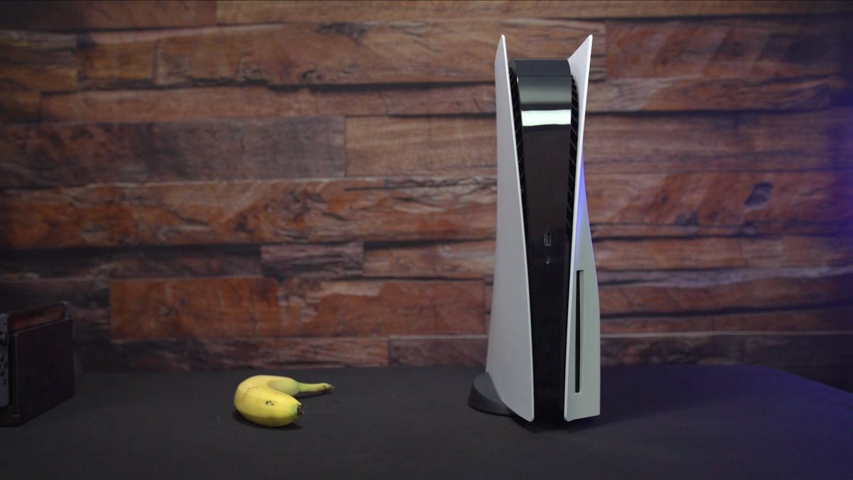 The PS5 next to a banana, the most powerful of them all.