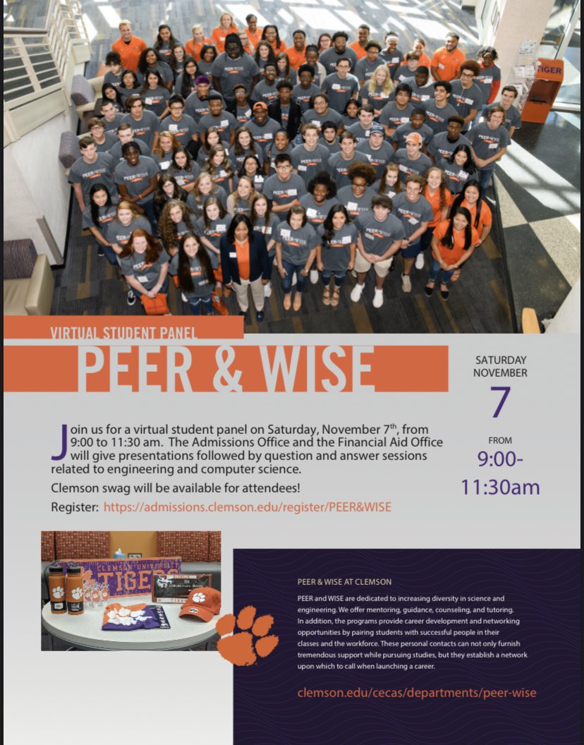 Clemson is hosting its annual sneak peak for juniors and seniors interested in computer science or engineering. The event will be held virtually this year due to COVID-19. Interested students should register using the link found on the flyer or by checking the Westside Homepage.