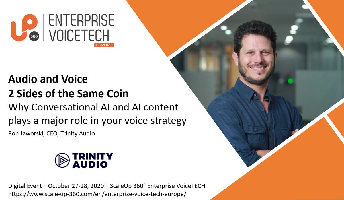 JaworskiRon's tweet photo. 🎤I’m speaking tomorrow at ScaleUp 360° Enterprise VoiceTECH!
Topic: how #conversationalAI and #AI content can help create cost-efficient digital experiences that build relationships.
👉🏻 Wednesday 28.10. 16:30 GMT+2
👉🏻👉🏻https://t.co/o1MfCbsozb
#ScaleUp360 #voicefirst #audioai https://t.co/TpU1uCNh3m