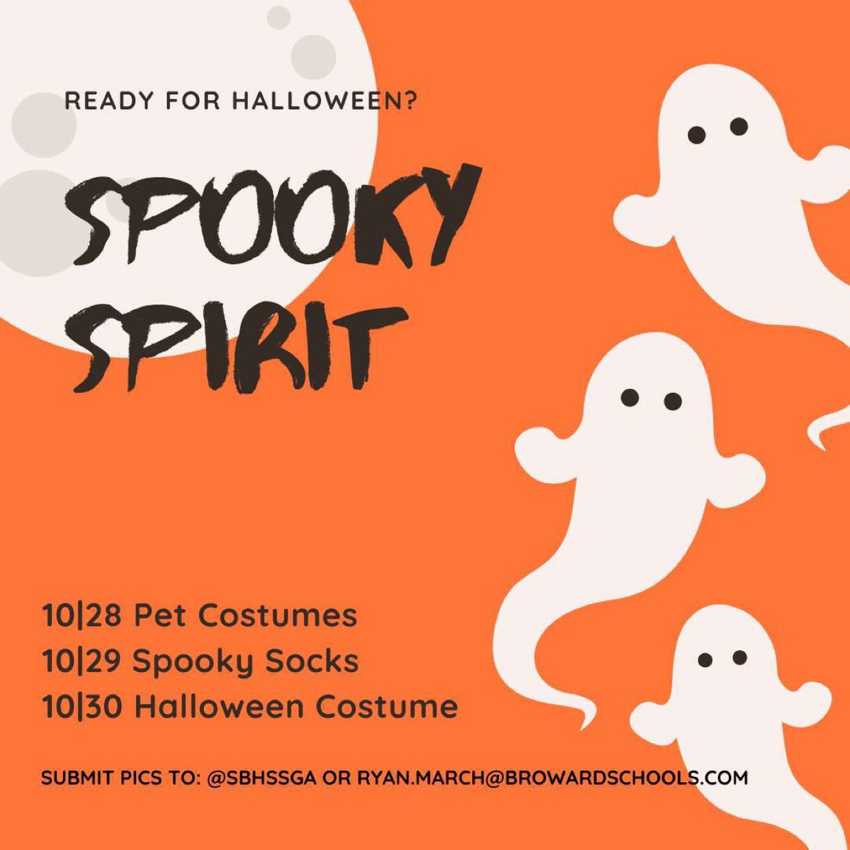 Bulldogs! Halloween is almost here and SGA wants to see your spooky spirit!!👻 Send in your pictures to the SGA instagram <a href="/sbhssga/">SGA</a> or to ryan.march@browardschools.com 🎃🦇 @SBHSPrincipal