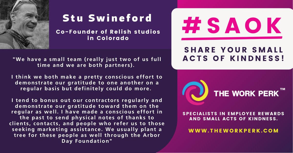TheWorkPerk's tweet photo. Stu Swineford from Relish Studios tells us and @chesterelton how #SAOK at work help him to show #gratitude. Share your Small Acts of Kindness with us in the comments below - we've been loving all the stories so far!
You could also win a $200 voucher to treat your team to lunch! https://t.co/aRDYgU7BuQ