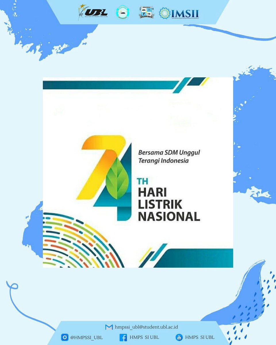 Selamat hari listrik nasional 2020. Dalam setiap hari peringatan dipastikan ada rangkaian peristiwa dan sejarah yang mengiringinya.

Kami HMPSSI UBL mengucapkan Selamat Hari Listrik Nasional 27 Oktober 2020, nyalakan secukupnya matikan secepatnya.

#salamteknologi
#fikjaya