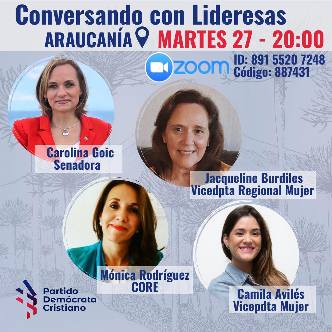 [Conversando con lideresas: #Araucanía] Estaremos con <a href="/carolinagoic/">carolinagoic</a>, Mónica Rodríguez, Jacqueline Burdiles y <a href="/cavilesb/">Camila Avilés Barraza</a> para analizar el histórico triunfo del #Apruebo y hablar de los desafíos del proceso constituyente y del ciclo electoral. Te esperamos. Hoy a las 8PM por Zoom.