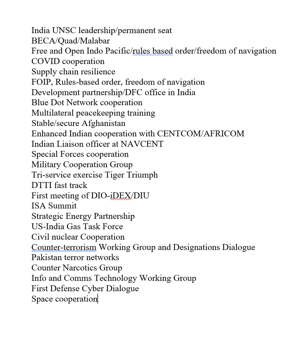 The keywords/topics covered in the meaty India-US 2+2 joint statement: