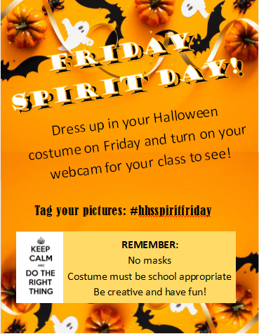 HopewellHS_SCA's tweet photo. This Friday is SPIRIT DAY at HHS!!!! Dress up in your Halloween costume, wear something orange or black and turn your webcam on to show your class! Let's flood social media by using the hashtag #hhsspiritday - THANKS!!! @HopewellSchools https://t.co/lrvNoZkGrg
