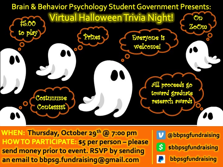 USM's Brain &amp; Behavior program is hosting a Halloween virtual trivia night via Zoom on 10/29 @ 7 PM (central). $5 entry fee to play or just hang. All proceeds go towards funding graduate student research awards. Donations also welcome! See flyer for details.