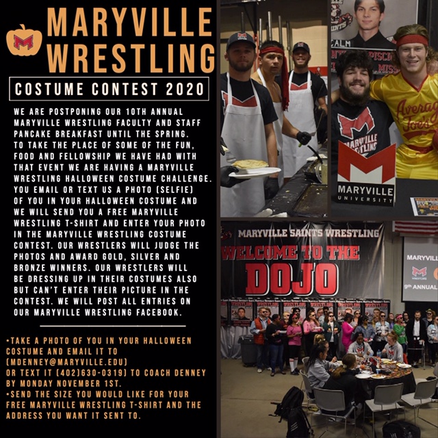 MaryvilleWrestl's tweet photo. Virtual costume contest for faculty and staff! Win a Maryville Wrestling t-shirt and a 1st, 2nd, or 3rd place medal! Email a costume selfie to Coach Denney! OOOSSS!!! https://t.co/3qczzwvhdN