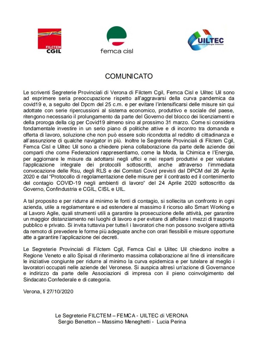 MMeneghetti1's tweet photo. Comunicato #FemcaCISL #FilctemCgil e #UiltecUil Verona su gestione emergenza #Covid19 nelle aziende dei comparti #Moda #Chimica e #Energia del territorio provinciale. https://t.co/SOYDuXVOPB