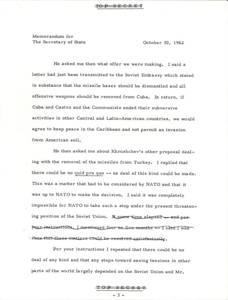 Typed document with "Top Secret" crossed out at the top and bottom, dated October 30, 1962. It is the first page of a memo that summarizes a meeting between Robert Kennedy and Anatoly Dobrynin.