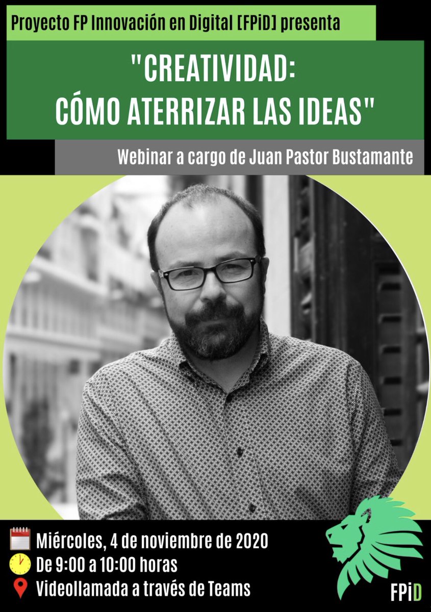 ppenalvera's tweet image. Nuevo webinar en #fpid en este caso sobre #creatividad y a cargo de @JuanPastorBus 
.
Trabajar #creatividad es clave porque es una de las habilidades más demandadas. Y sobre todo hay que hacerlo en #learningbydoing 
.
Sigue... 
👇👇👇