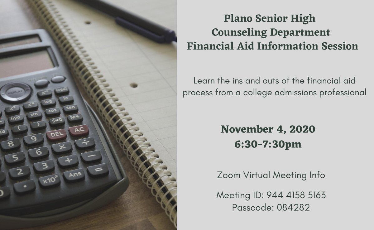 Join the counseling department next Wednesday for information on financial aid! 💵📚📝