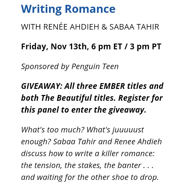 thebeautifulph's tweet photo. Join @rahdieh and @sabaatahir's Writing Romance Masterclass for @YALLFest on November 13th at 6 pm ET! Register here: https://t.co/aAYaodbKMR https://t.co/TR50l8Tq8q