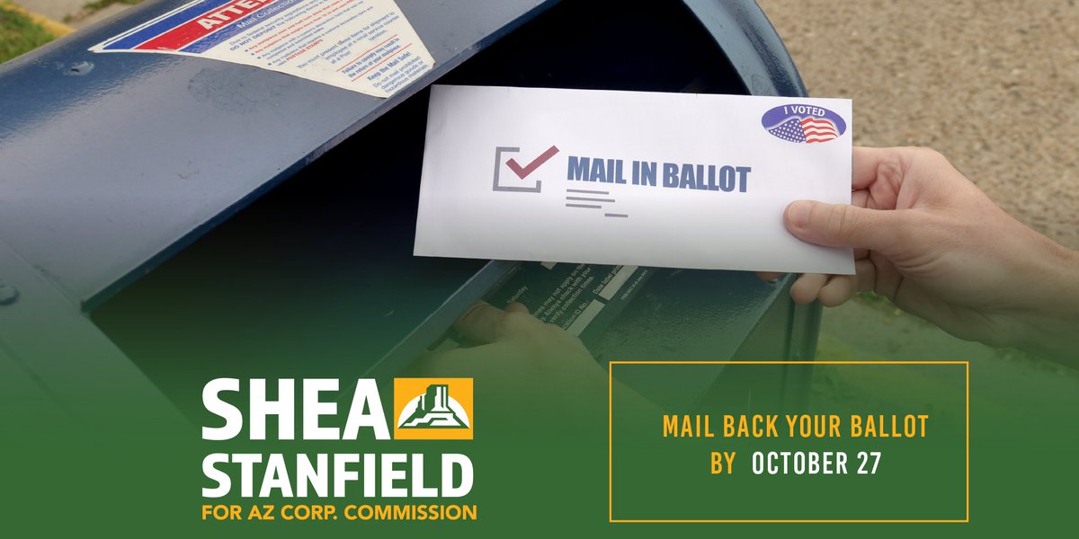 sheastanfieldaz's tweet photo. The USPS recommends mailing your ballot by October 27. If you haven't yet, please put your completed ballot in the mail TODAY. And don't forget to #VoteForThree #AZCorpComm #SolarTeam2020 https://t.co/xShmZN4MAd