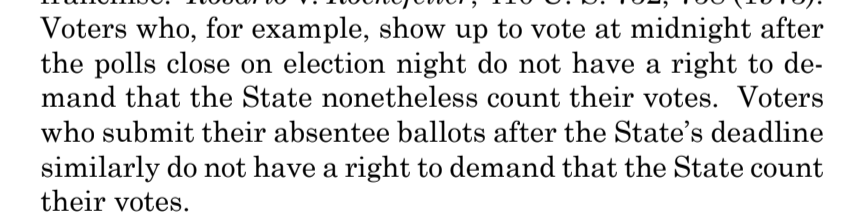 This analogy makes no sense. The WI deadline is receipt deadline, not a submission deadline. The in-person voting equivalent is if someone showed up at their polling place before it officially closed but — due to long lines — didn’t get to cast their ballot until after midnight.