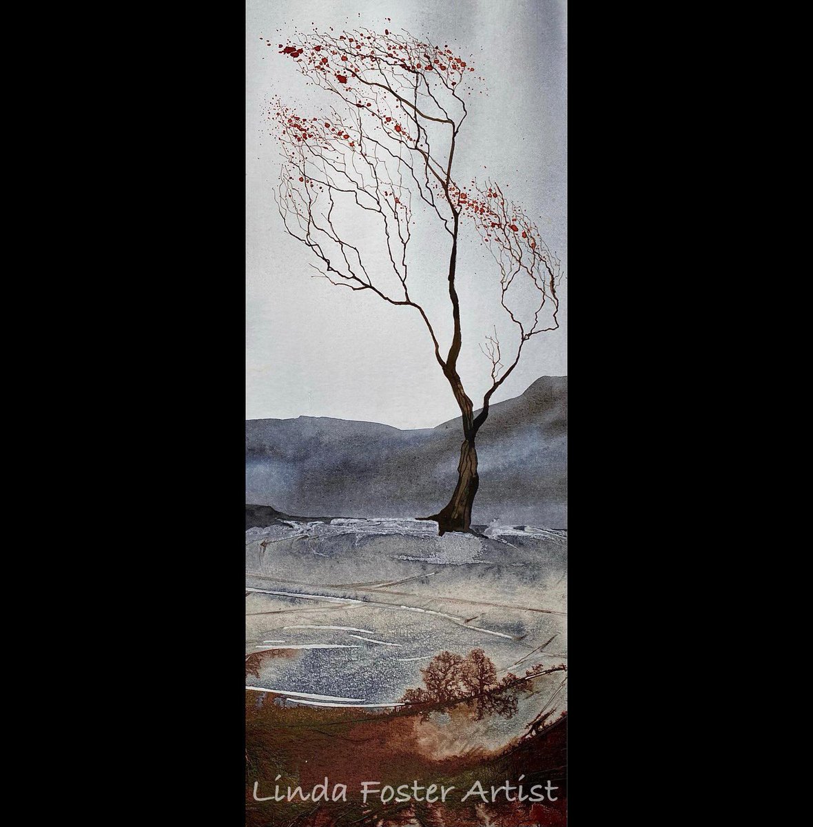 Back to lonesome trees today. Watercolour. 42cm x 16cm. #atlast #apieceofwork #lonesometree #relief
