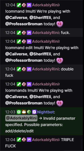 adorkablyRini's tweet photo. This is why you edit commands in the bot dashboard, fam.... #ModFails https://t.co/f9ynTQcK01