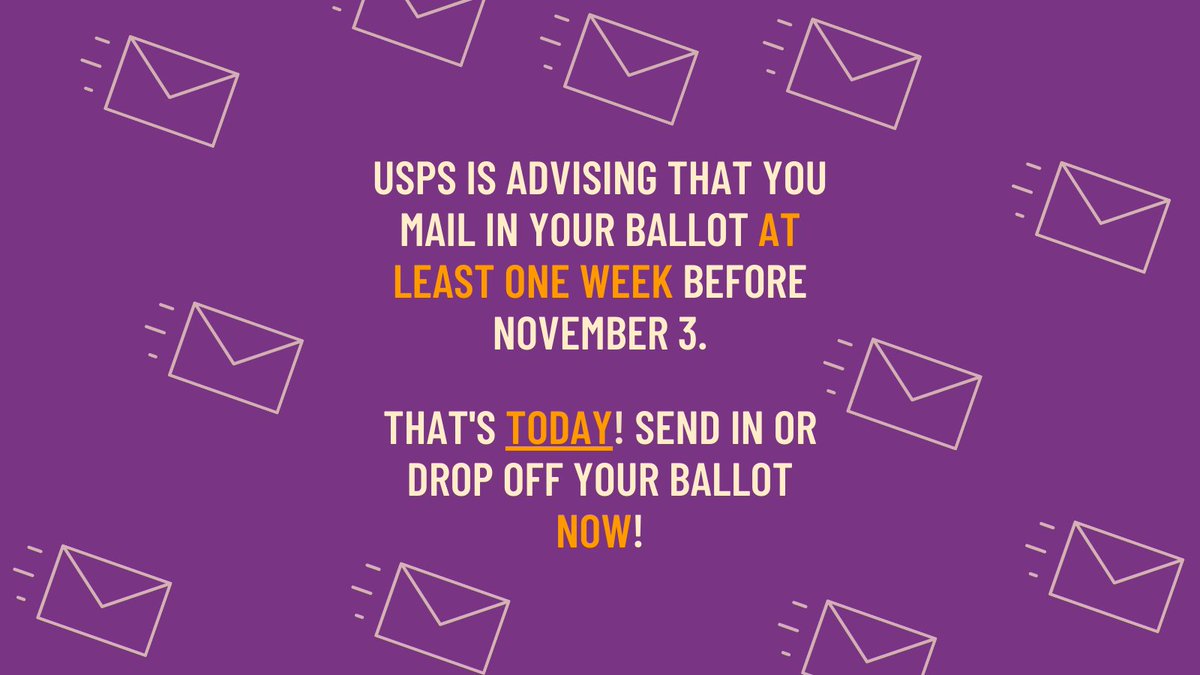 PollProject's tweet image. Today is the last day to mail in your ballot and expect it to be delivered by election day, according to the USPS. If you don't mail it today, make a plan to drop off your ballot at your local election office or at a ballot drop box. 

#HelpAmericaVote #EarlyVoting #Vote2020