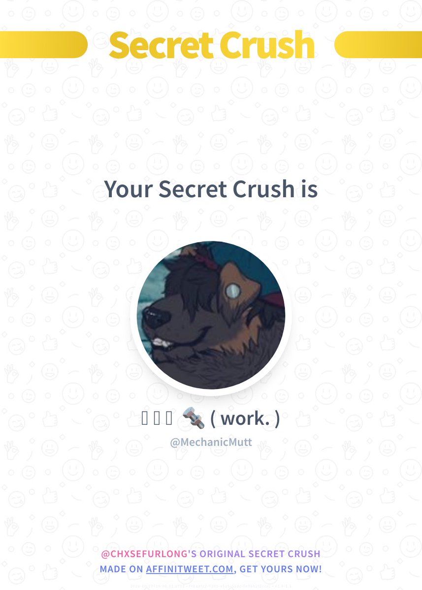 ✨ Secret Crush

MechanicMutt secretly loves you! 😳
Who loves you in secret?

➡️ affinitweet.com/secret-crush