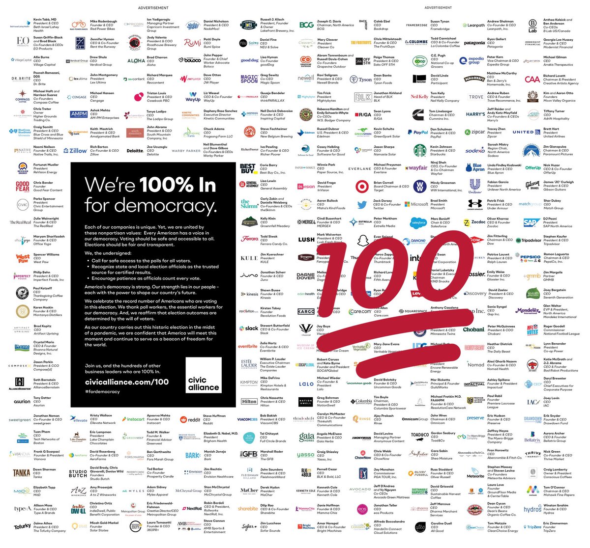 Today we’re joining 500 <a href="/BCorporation/">B Lab</a> CEOs and <a href="/CivicAlliance/">Civic Alliance</a> CEOs to go on record. We’re 100% in #fordemocracy.