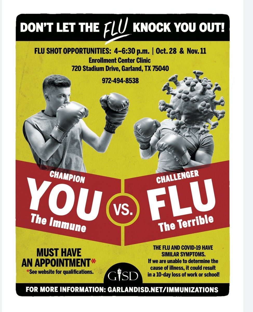 GISDhealth's tweet photo. One of the best ways to fight the flu is with a flu shot!  Conveniently located @ The GISD Enrollment Center Clinic. Tomorrow @ 4-6:30 pm  #VaccinesWork #ChooseGarlandISD #GISDCares @gisdnews https://t.co/YrSlggfTaw