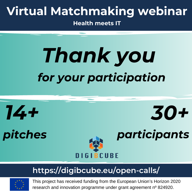 digiBcube's tweet photo. 📢 Thank you for making our matchmaking webinar a success.
🔗Register NOW for the next one: https://t.co/aK1GfZJ28t
📢Stay tuned for more DIGI-B-CUBE updates.
#HealthmeetsIT #VirtualMatchmaking #FundingOpportunities @ci_3 https://t.co/WNDwEVkIQZ