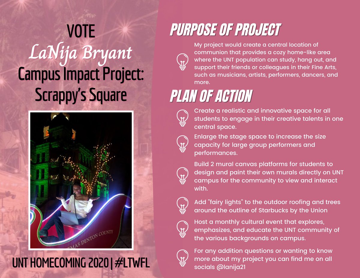 laNija21's tweet photo. UNT is populated by various backgrounds and cultures. As well as full of so many talents in The Arts. 🎤🎸🧑‍🎨💃🎭

I wish to provide a renovated space and resources for students to showcase their works under the lights of Scrappy’s Square!!!

#UNTHC20
#LTWFL
#UNT
#HOMECOMING https://t.co/yJny2SiCTJ