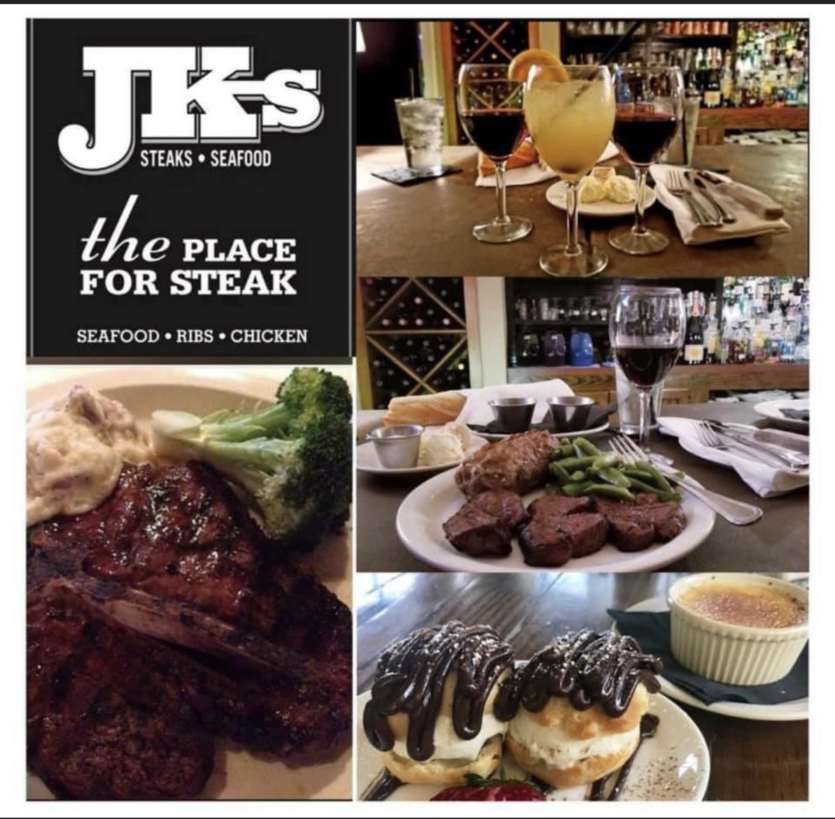 JKsRestaurant's tweet photo. Tasty appetizers, tender beef, fresh seafood or one of our homemade desserts~yum!  #jks #grill #steak #seafood #cocktails #beef #homemadedessert 🥗🍴🍤🥩🍧 https://t.co/GoOBgMGWOy