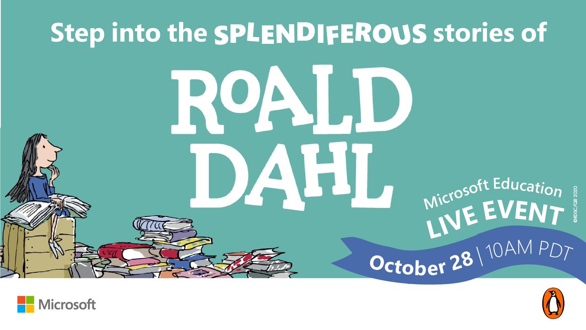 MicrosoftFlip's tweet photo. Join @PenguinClass in celebrating the wonderful words and curious characters that bring your favorite @roald_dahl stories to life! Tune in October 28 to participate in classroom activities, hear an extract of The Witches read by Stanley Tucci and more.

👉 https://t.co/WtR4xKQgxH https://t.co/q31v8RrT7s