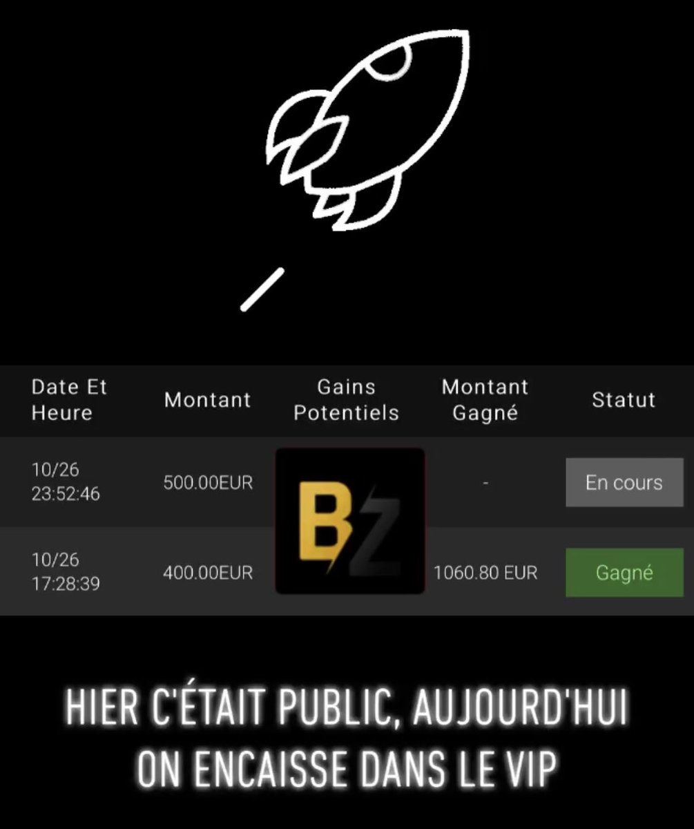 Après avoir fait 1100€ de bénéfices en 48 heures on va poursuivre avec un MISSILE comme à l'ancienne 😁

Je fais gagné 5% de mes gains à l'un d'entre vous qui aura RT ce post tirage au sort après le match en direct live !

Pour le MISSILE du jour :

➡️ boozpronos.fr ⬅️