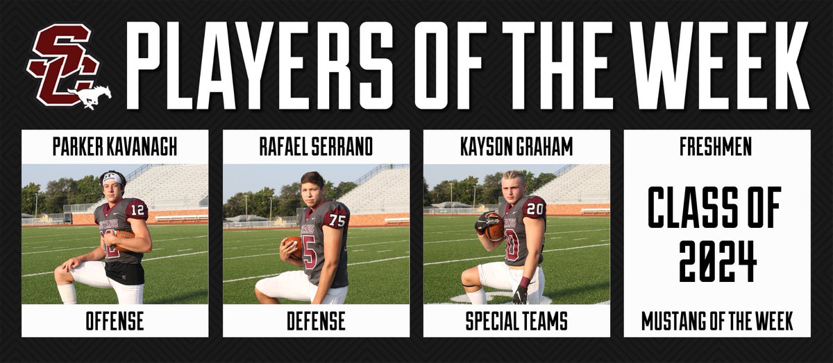 SC_MustangFB's tweet photo. · PLAYERS OF THE WEEK ·

Offense - @parker_kav 
Defense - Rafael Serrano 
Special Teams - @GrahamKayson 
Mustang of the Week - Freshmen for bringing energy to the sideline❕

#A20THERLEVEL https://t.co/5LtGgTKBry