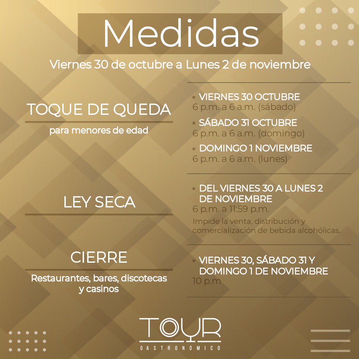 🚨ATENCIÓN🚨
A continuación las medidas para tener en cuenta durante este próximo puente festivo.