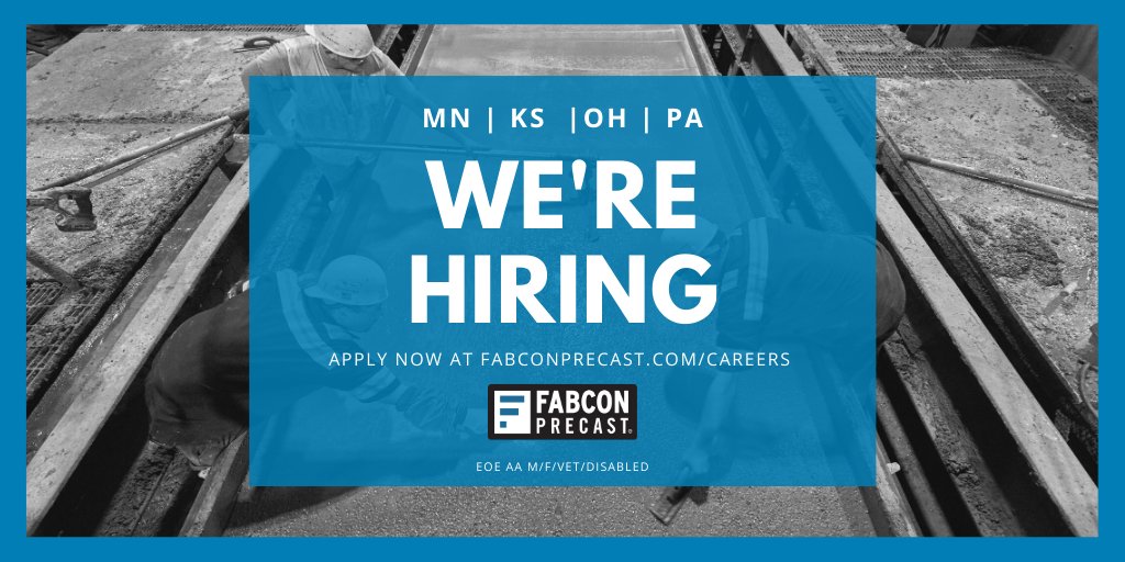 FabconPrecast's tweet photo. We're hiring at ALL of our plants! Head over to https://t.co/G8jV9aJl19 to view open positions. #ThinkFabcon https://t.co/NztEwxTTlc
