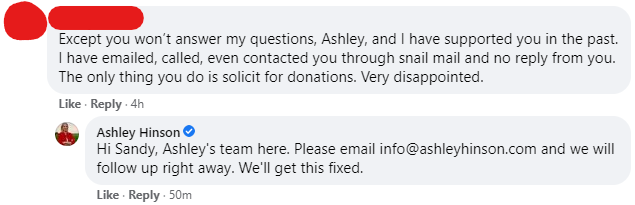 Uh oh. Looks like Ashley hasn't always been accountable to us, the taxpayers, after all. 'We'll get this fixed,' they say. A bit late for that! I doubt this constituent would even get a reply if they didn't mention they were a supporter. #IA01