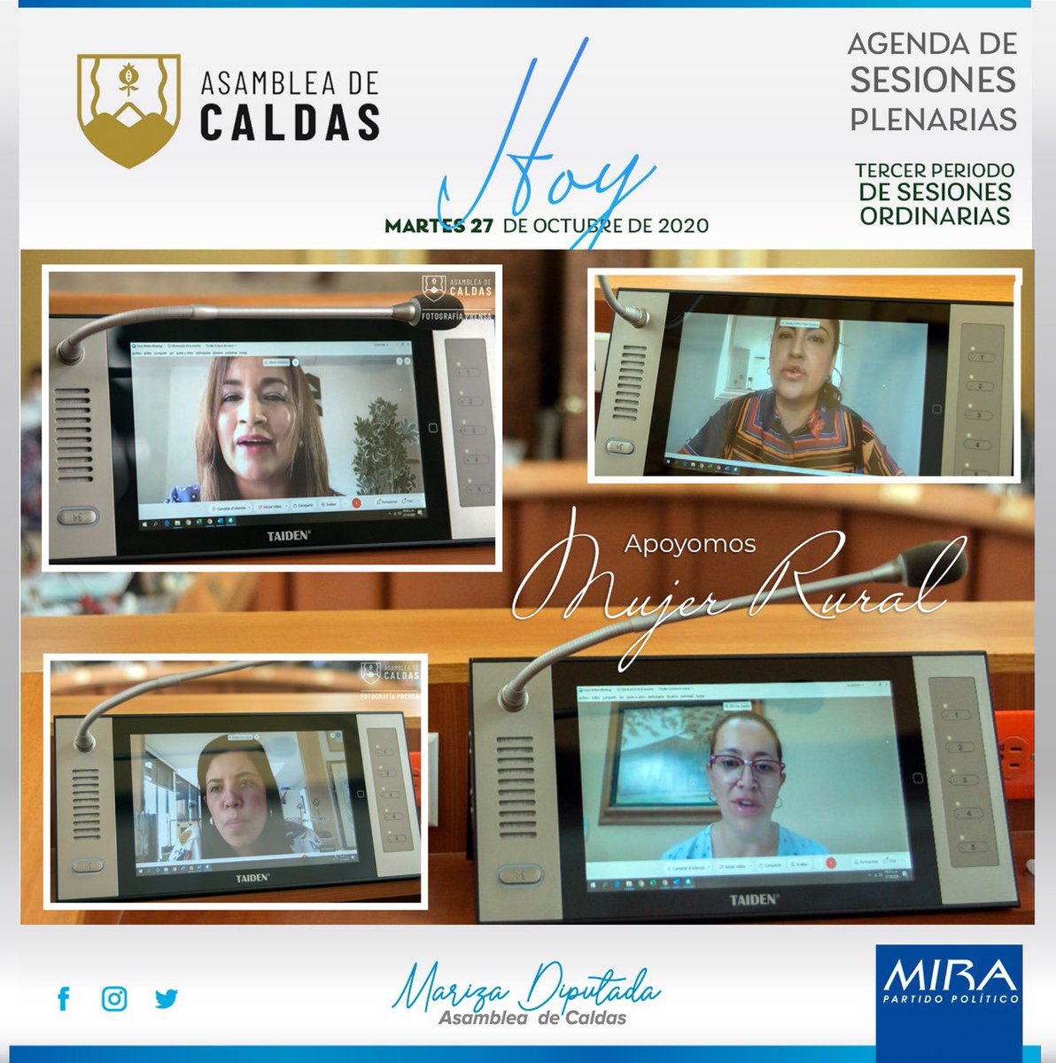 marizagaviria's tweet photo. En la sesión plenaria de hoy en la @asambleacaldas , la bancada del @PartidoMIRA lideró una iniciativa para escuchar al gobierno nacional con la alta consejera @GheidyGallo @equidad_mujer , y a @irmalherrera , gran apoyo encontramos para la mujer @GoberCaldas https://t.co/4dNdnyfomV