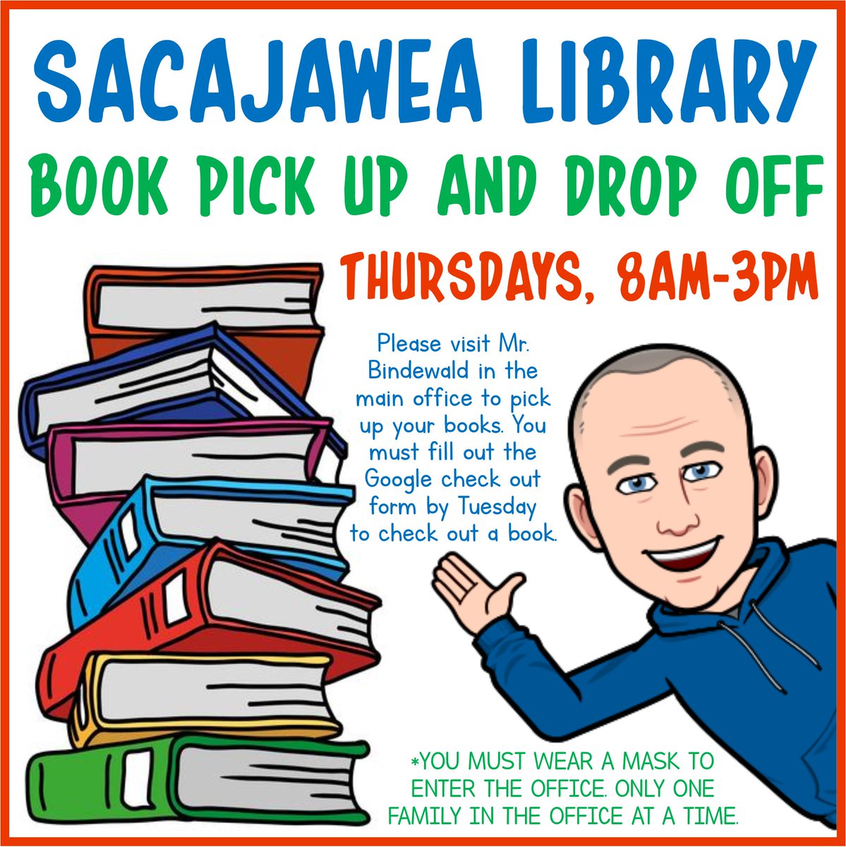 Skyhawks, are you interested in checking out a library book? Fill out the Google check out form by TUESDAY evening each week, then visit Mr. Bindewald in the main office on THURSDAY from 8am-3pm to pick up your books. One family in the office at a time, and masks are required.