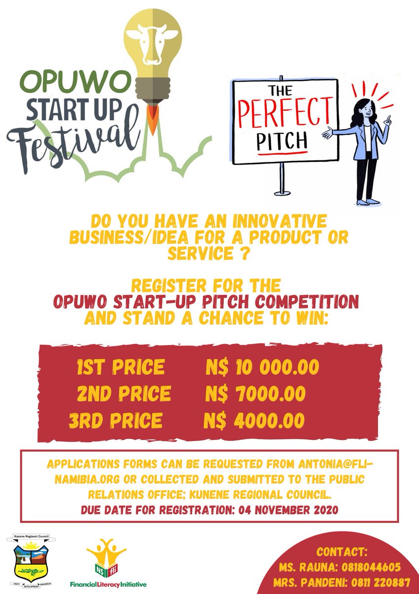 ‼OPUWO START UP FESTIVAL ‼

📣 Calling on SMEs in Opuwo and surrounding areas.

🗓 07 November 2020

🏆 There will be a Business Idea Pitch Competition and prices to be won. Application Forms can be collected from Kunene Regional Council, Public Relations Section
<a href="/finlitna/">Financial Literacy Initiative Namibia</a>