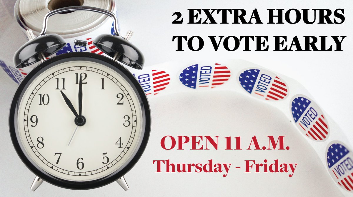 fairfaxcounty's tweet photo. We're offering two extra hours for #earlyvoting on both Thursday and Friday. Early voting sites will open at 11 a.m. except for the Fairfax County Government Center where #voting still starts at 8 a.m. 

#voteearly #earlyvoting #vote2020 #vote #election2020 #2020election https://t.co/DcdkVlSDx2
