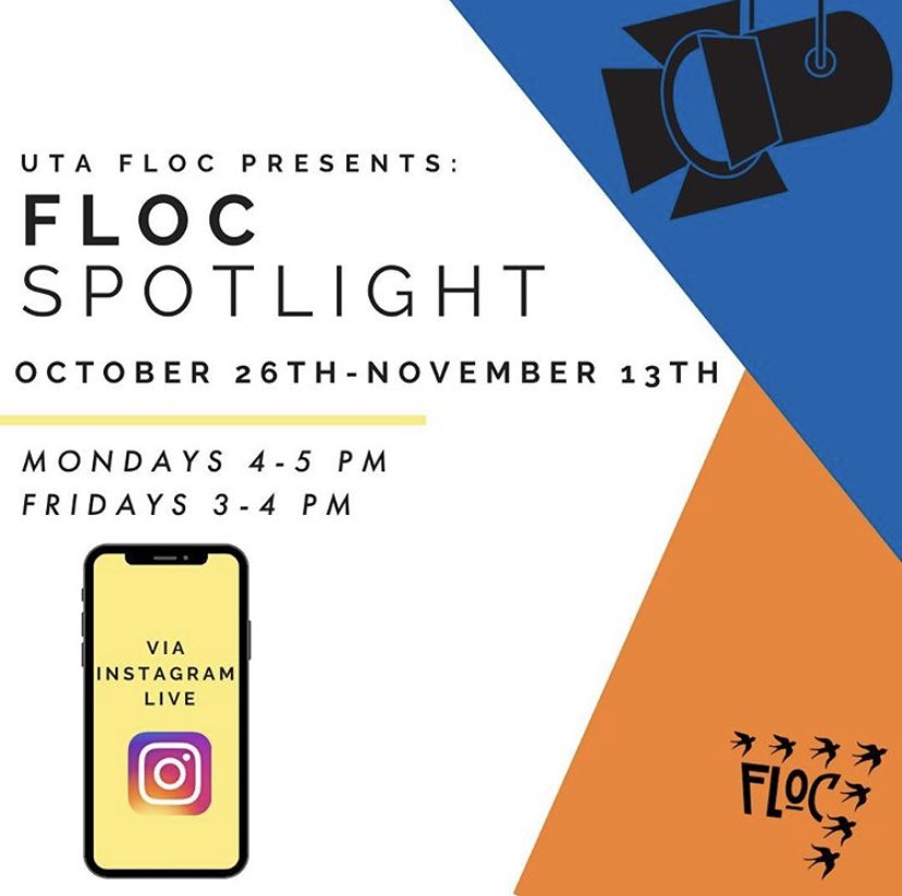 UTAFLOC's tweet photo. Hey UTA students! Want to get to know your campus better? Join our “FLOC Spotlight” event held on Instagram live @utafloc on Mondays 4-5 pm &amp; Fridays 3-4 pm! Everyone is invited to attend to learn about some great opportunities here on campus &amp; to hear from some amazing people! https://t.co/2kMN934N9a