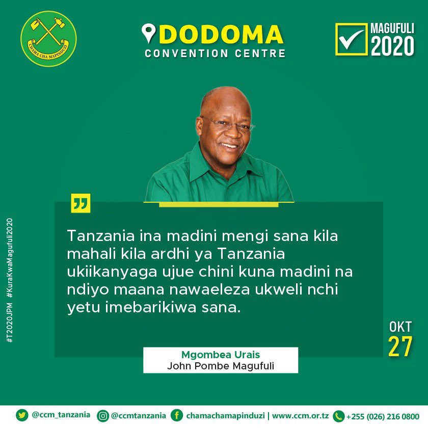 Nukuu za Mgombea Urais wa Jamhuri ya Muungano wa Tanzania kwa tiketi ya Chama cha Mapinduzi Ndugu John Pombe Joseph Magufuli alipokutana na kuzungumza na Wazee katika Ukumbi wa Dodoma Convetion Centre jijini Dodoma tarehe 27 Okotoba 2020.
#KuraKwaMagufuli
#ChaguaCCM 
#T2020JPM