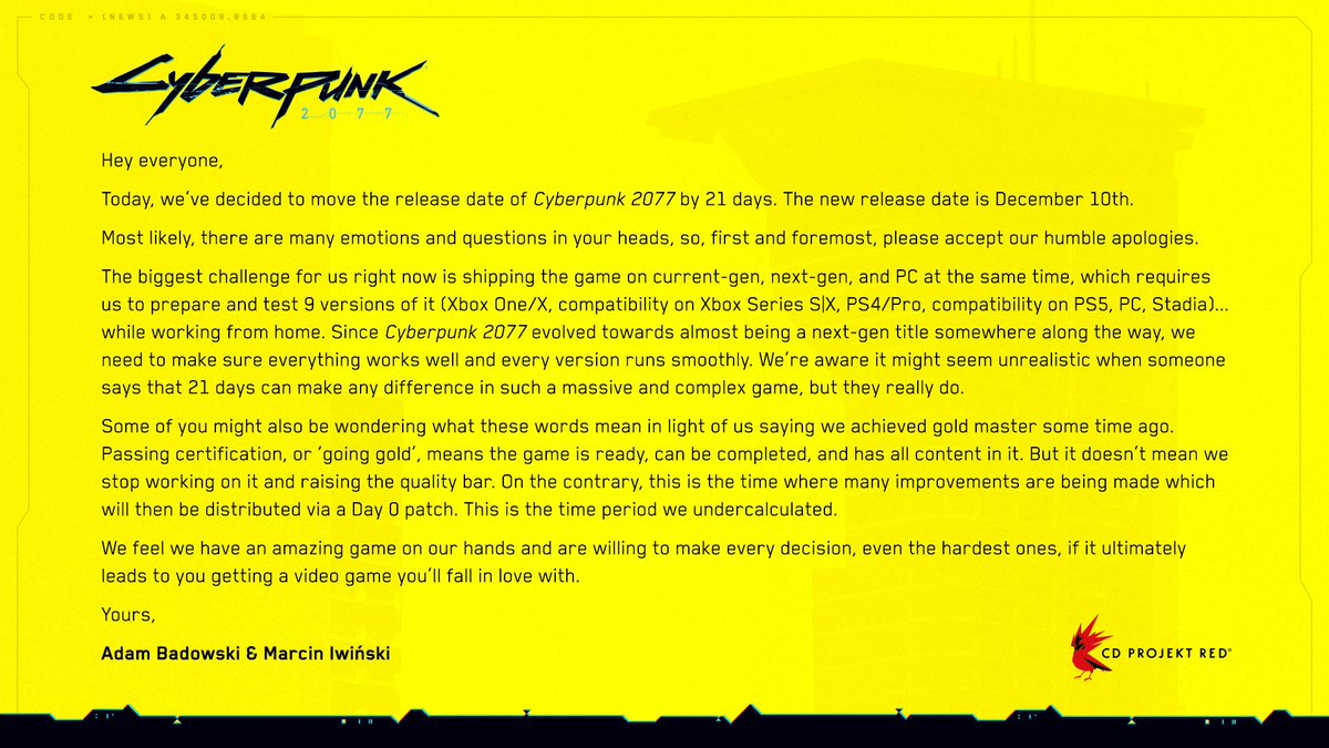 Cyberpunk 2077 отложили почти на месяц — игра выйдет 10 декабря