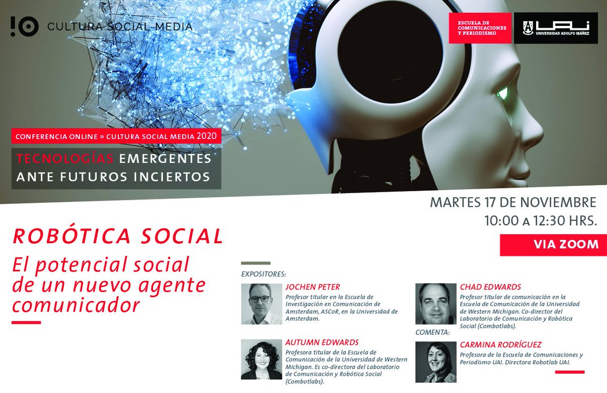 Carmi_Rodrig's tweet photo. What a real treat! Soon welcoming prof. Jochen Peter from @UvA_ASCoR and profs @autumnedwards @edwardschad from @ComBotLabs as keynotes to @cultsocialmedia Conference: "The social possibilities of #socialrobotics" Nov. 17th, 9AM EDT/10AM .CL 🇨🇱🇺🇸 https://t.co/iaHrZT6NPs @ICA_HMC https://t.co/9djNuPjhyq
