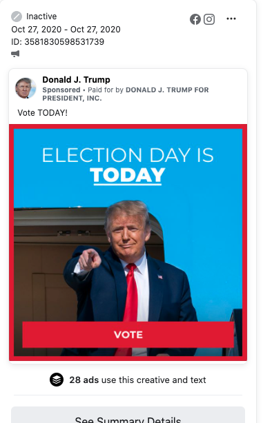 And then today we wake up to our Facebook ads being off and this sitting waiting to be served in Trump's ad library. After we were explicitly told you could not do date-specific ads, Trump's team decided to just do what it wanted, assuming Facebook wouldn't dare stop them.
