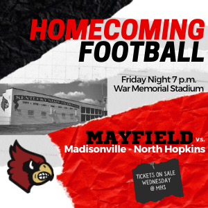 MHSCards1's tweet photo. Tickets for Friday night's home football game go on sale Wednesday at MHS.  The Cards are hosting the Maroons of Madisonville-North Hopkins.  It's a big night with homecoming and a special band performance at halftime. https://t.co/2qpY3BXslT